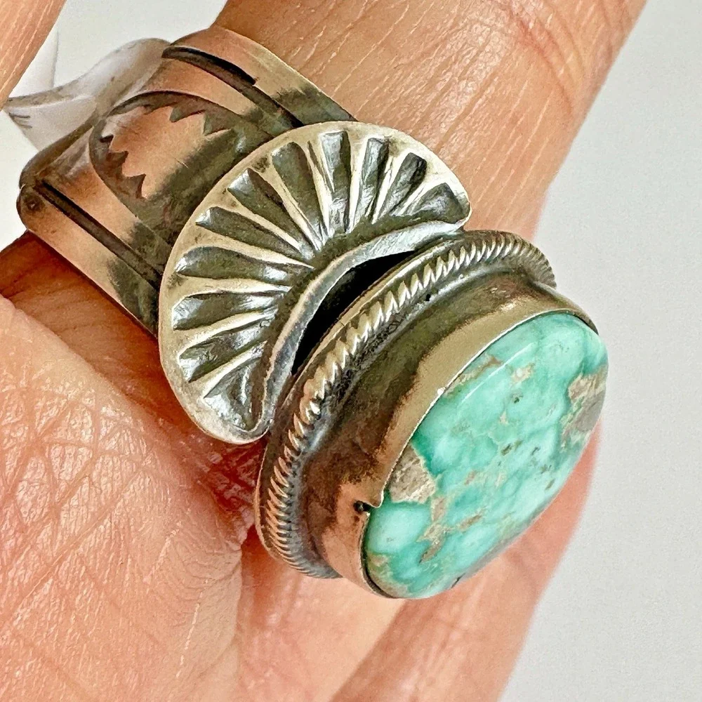 Navajo Turquoise Mens Ring Fox‎ w Pyrite 12 Signed Tillie Jon Sterling Wide Band